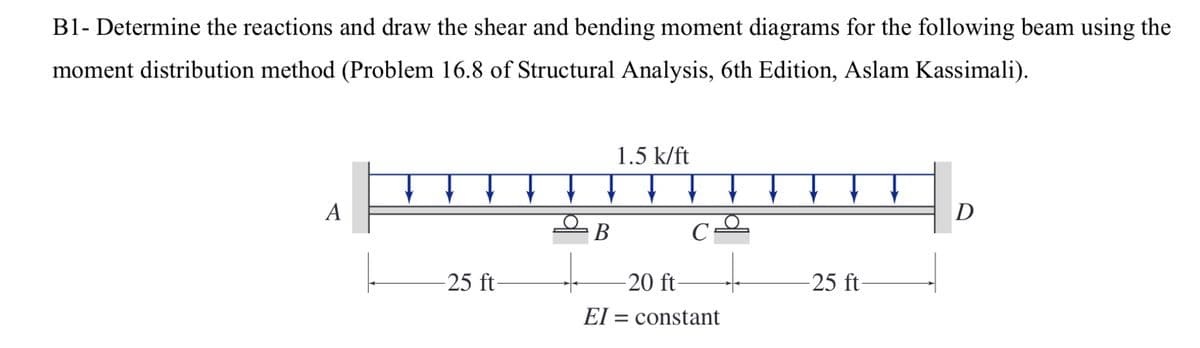 B1- Determine the reactions and draw the shear and bending moment diagrams for the following beam using the
moment distribution method (Problem 16.8 of Structural Analysis, 6th Edition, Aslam Kassimali).
A
-25 ft-
B
1.5 k/ft
C
-20 ft-
EI= constant
-25 ft-
D
