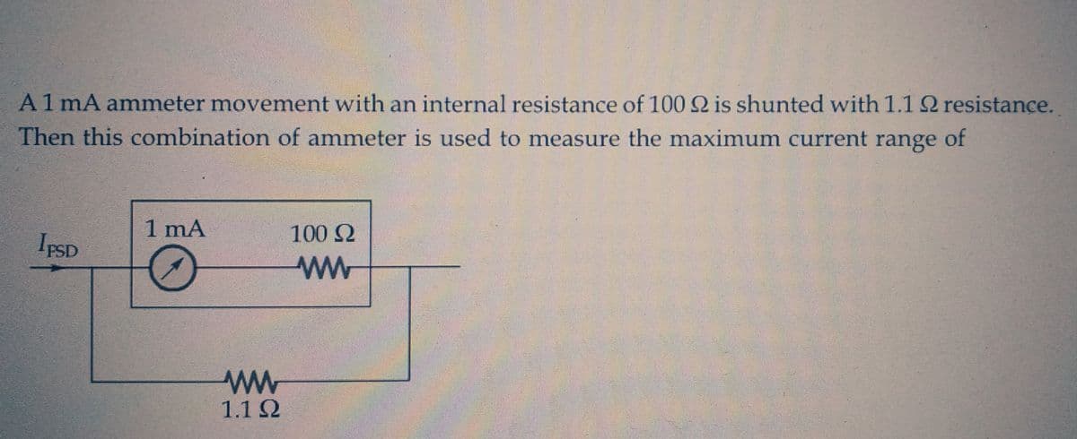 A 1 mA ammeter movement with an internal resistance of 100 2 is shunted with 1.1 Q2 resistance.
Then this combination of ammeter is used to measure the maximum current range of
IPSD
1 mA
ww
1.1Ω
100 Ω
ww