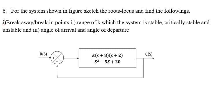 6. For the system shown in figure sketch the roots-locus and find the followings.
i)Break away/break in points ii) range of k which the system is stable, critically stable and
unstable and iii) angle of arrival and angle of departure
R(S)
k(s + 8)(s + 2)
C(S)
S2 – 5S + 20
