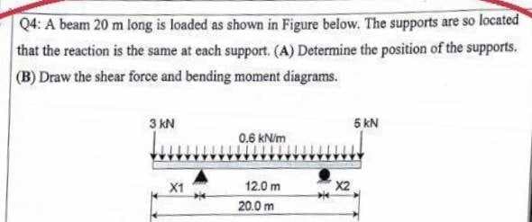 Q4: A beam 20 m long is loaded as shown in Figure below. The supports are so located
that the reaction is the same at each support. (A) Determine the position of the supports.
(B) Draw the shear force and bending moment diagrams.
3 kN
X1
0.6 kN/m
12.0 m
20.0 m
5 kN