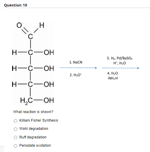 Question 10
Н—с—он
3. Н, Ра/ВasO,
H', H2O
1. NaCN
Н—с—оН
2. H;O
4. H20
-NH2H
Н—с—ОН
H,C-OH
What reaction is shown?
Killiani Fisher Synthesis
Wohl degradation
Ruff degradation
Periodate oxidation
