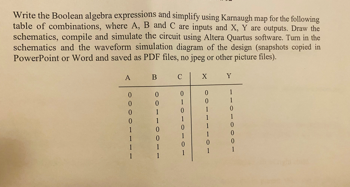 Write the Boolean algebra expressions and simplify using Karnaugh map for the following
table of combinations, where A, B and C are inputs and X, Y are outputs. Draw the
schematics, compile and simulate the circuit using Altera Quartus software. Turn in the
schematics and the waveform simulation diagram of the design (snapshots copied in
PowerPoint or Word and saved as PDF files, no jpeg or other picture files).
A
C
Y
1
1
1
1
1
0.
1
1
1
1
1
1
1
1
1
1
1
1
1
1
1
1
