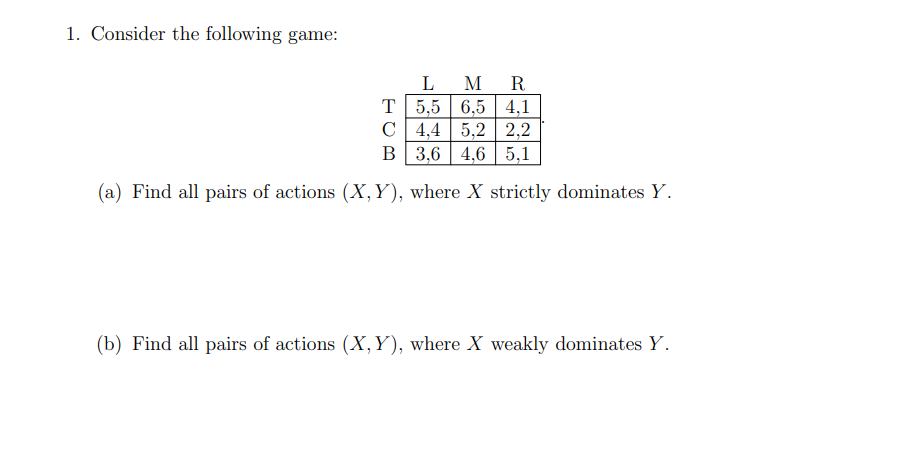 1. Consider the following game:
L
M
R
5,5 6,5
4,1
4,4 5,2 2,2
3,6 4,6 5,1
(a) Find all pairs of actions (X,Y), where X strictly dominates Y.
T
C
B
(b) Find all pairs of actions (X, Y), where X weakly dominates Y.