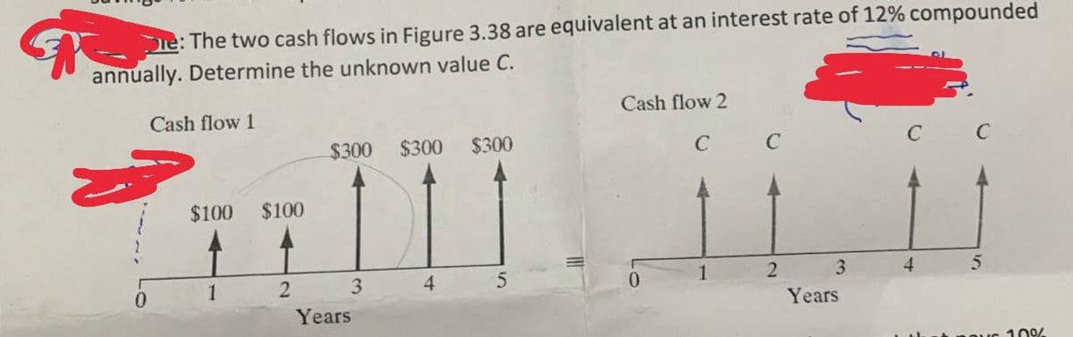 ne: The two cash flows in Figure 3.38 are equivalent at an interest rate of 12% compounded
annually. Determine the unknown value C.
Cash flow 2
Cash flow 1
$300
$300
$300
C
C
C C
$100
$100
1
3
4
0.
1
3
4.
0.
Years
Years
100%
