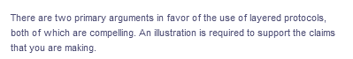 There are two primary arguments in favor of the use of layered protocols,
both of which are compelling. An illustration is required to support the claims
that you are making.