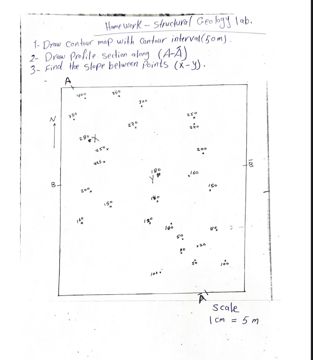 Hame Work - structural Geobgy lab.
1- Draw Contour map with Contour interval(50m).
2- Draw Profile sedion along (A-Á)
3- Find the slope between Points (X-y).
A
400
350
300
350
250
280
240
25°y
200
B
160
200
150
5°
x 20
100 y
scale
I cm
:5 m
%3D
