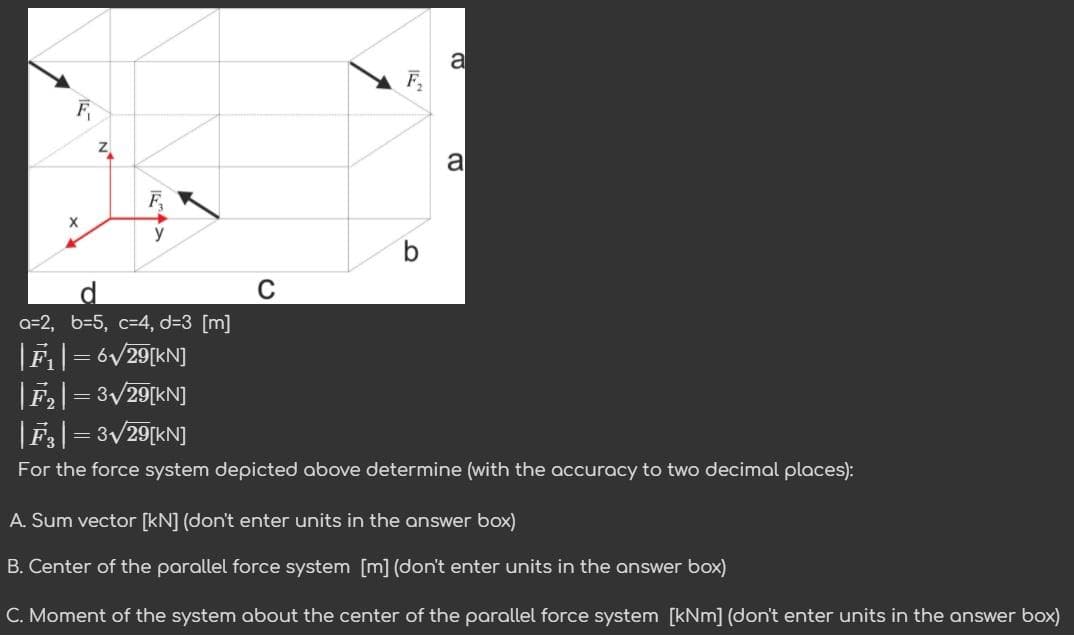 a
a
y
a=2, b=5, c=4, d=3 [m]
|F|= 6V29[kN]
|F,|= 3/29[kN]
|F|= 3/29[kN]
For the force system depicted above determine (with the accuracy to two decimal places):
A. Sum vector [kN] (don't enter units in the answer box)
B. Center of the parallel force system [m] (don't enter units in the answer box)
C. Moment of the system about the center of the parallel force system [kNm] (don't enter units in the answer box)
