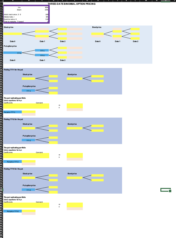 1||
2
3
5 Initial stock orice. S O
6 Interest rate.r
7 Exercise price. K
8 Time to maturity. I(years)
9
10 Stock price
11
12
13
14
15
16
17
18 Put option price
19
20
21
22
24
25
26
27
35
36
37
28 Finding ???-1 for the put
29
30
31
32
45
46 Put price ???-1
47
51
52
54
55
57
58
59
60
38
39
40 The put replicating portfolio
41 Solve equations for min
42 Coefficients
43
Date 0
Date 0
48
49 Finding 777-2 for the put
72
Up
Down
74
75
76
77
78
79
???:0
62 Solve equations for min
63 Coefficients
65
67 Put price ??-2
91
92
93
96
97
99
Stock price
Put option price
70 Finding ???-0 for the put
71
87
88 Put price ???.0
The put replicating portfolio
Stock price
81
82 The put replicating portfolio
83 Solve equations for min
34 Coefficients
85
222.1.
Put option price
222:2
m₂
Stock price
Put option price
222:0
Date 1
222-1
Constant
222-2
Date 1
30%
-10%
Constant
Constant
THREE-DATE BINOMIAL OPTION PRICING
100
6%
110
Date 2
Date 2
m
m
m
Band price
Bond price
Band price
Band price
Date 0
Date 1
Date 2
!