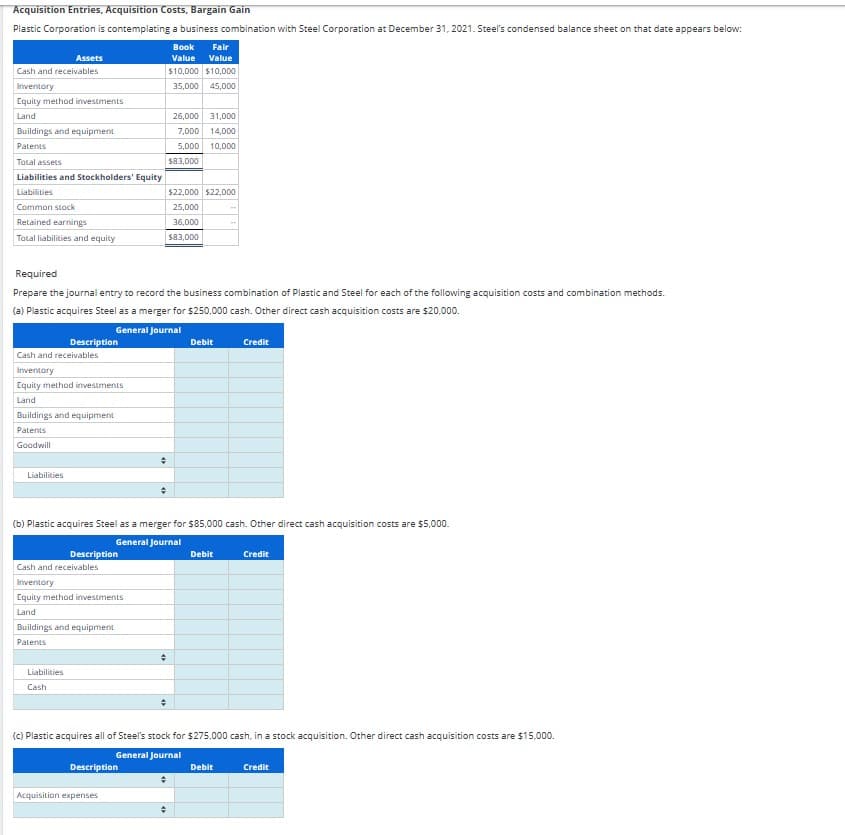 Acquisition Entries, Acquisition Costs, Bargain Gain
Plastic Corporation is contemplating a business combination with Steel Corporation at December 31, 2021. Steel's condensed balance sheet on that date appears below:
Assets
Cash and receivables
Inventory
Equity method investments
Land
Buildings and equipment
Patents
Total assets
Liabilities and Stockholders' Equity
Liabilities
Common stock
Retained earnings
Total liabilities and equity
Cash and receivables
Inventory
Equity method investments
Land
Description
Buildings and equipment
Patents
Goodwill
Liabilities
Required
Prepare the journal entry to record the business combination of Plastic and Steel for each of the following acquisition costs and combination methods.
(a) Plastic acquires Steel as a merger for $250,000 cash. Other direct cash acquisition costs are $20,000.
General Journal
Description
Cash and receivables
Inventory
Equity method investments.
Land
Liabilities
Cash
Buildings and equipment
Patents
÷
Description
(b) Plastic acquires Steel as a merger for $85,000 cash. Other direct cash acquisition costs are $5,000.
General Journal
Acquisition expenses
+
Book
Fair
Value
Value
$10,000 $10,000
35,000 45,000
26,000 31,000
7,000 14,000
5,000 10,000
+
$83,000
+
$22,000 $22,000
25,000
36,000
$83,000
Debit
(c) Plastic acquires all of Steel's stock for $275,000 cash, in a stock acquisition. Other direct cash acquisition costs are $15,000.
General Journal
Debit
Credit
Debit
Credit
Credit