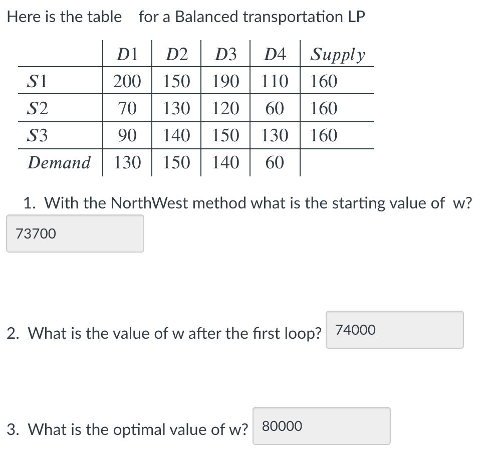 Here is the table for a Balanced transportation LP
D1
D2
D3
D4
Supply
S1
200
150
190
110
160
S2
70
130
120
60
160
S3
90
140
150
130
160
Demand
130
150
140
60
1. With the NorthWest method what is the starting value
w?
73700
2. What is the value of w after the first loop?
74000
3. What is the optimal value of w? 80000
