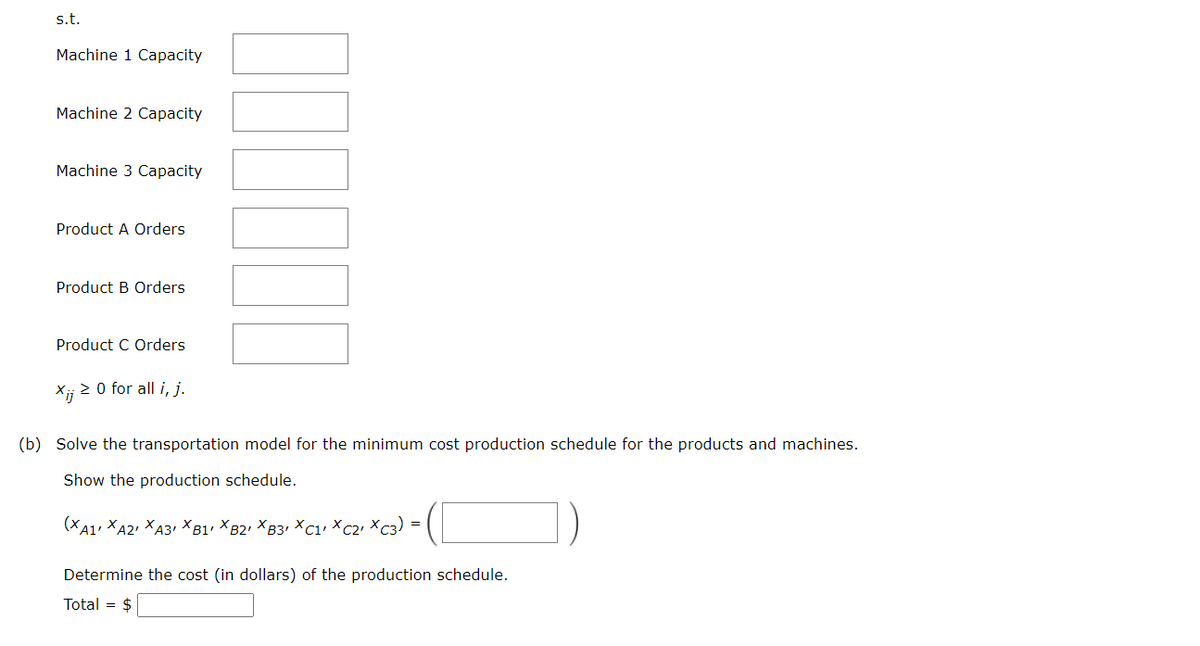 s.t.
Machine 1 Capacity
Machine 2 Capacity
Machine 3 Capacity
Product A Orders
Product B Orders
Product C Orders
Xij
> 0 for all i, j.
(b) Solve the transportation model for the minimum cost production schedule for the products and machines.
Show the production schedule.
(XA1 XA2, XA3, XB1' XB2' XB3, XC1, XC₂₁ XC3) = 1
Determine the cost (in dollars) of the production schedule.
Total = $