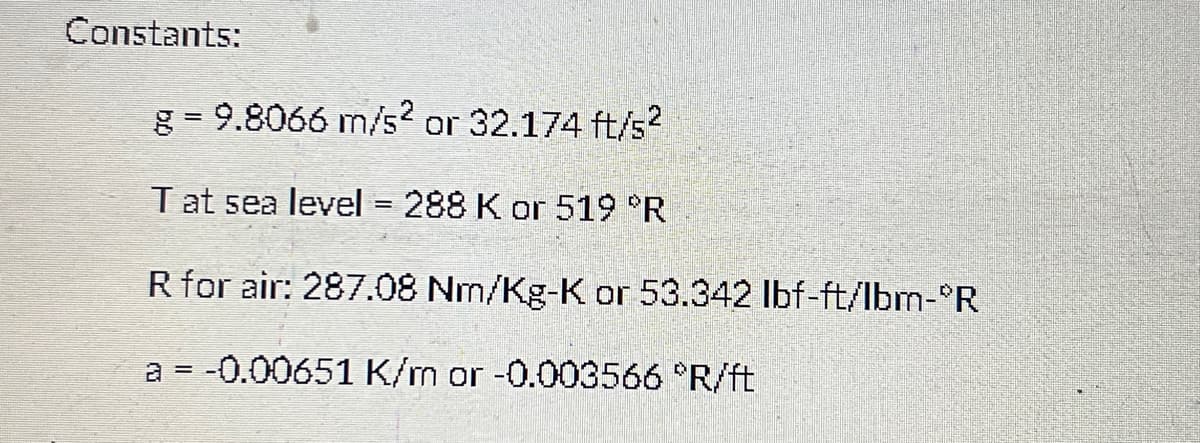 Constants:
g= 9.8066 m/s2 or 32.174 ft/s²
T at sea level = 288 K or 519 °R
R for air: 287.08 Nm/Kg-K or 53.342 lbf-ft/lbm-°R
a = -0.00651 K/m or -0.003566 R/ft