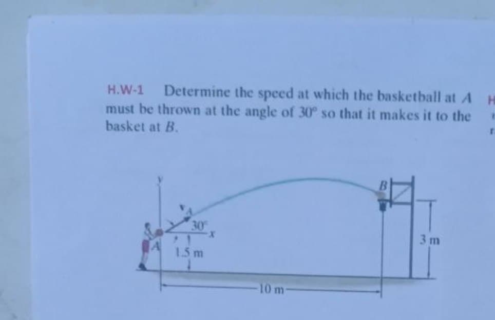 H.W-1 Determine the speed at which the basketball at A H
must be thrown at the angle of 30° so that it makes it to the
basket at B.
30
1.5 m
10 m
3 m