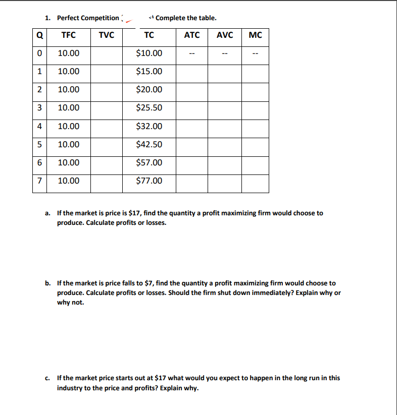 Q
0
1
2
3
4
5
6
7
1. Perfect Competition
TFC
TVC
10.00
10.00
10.00
10.00
10.00
10.00
10.00
10.00
<¹ Complete the table.
TC
ATC
$10.00
$15.00
$20.00
$25.50
$32.00
$42.50
$57.00
$77.00
AVC
--
MC
--
a. If the market is price is $17, find the quantity a profit maximizing firm would choose to
produce. Calculate profits or losses.
b. If the market is price falls to $7, find the quantity a profit maximizing firm would choose to
produce. Calculate profits or losses. Should the firm shut down immediately? Explain why or
why not.
c. If the market price starts out at $17 what would you expect to happen in the long run in this
industry to the price and profits? Explain why.