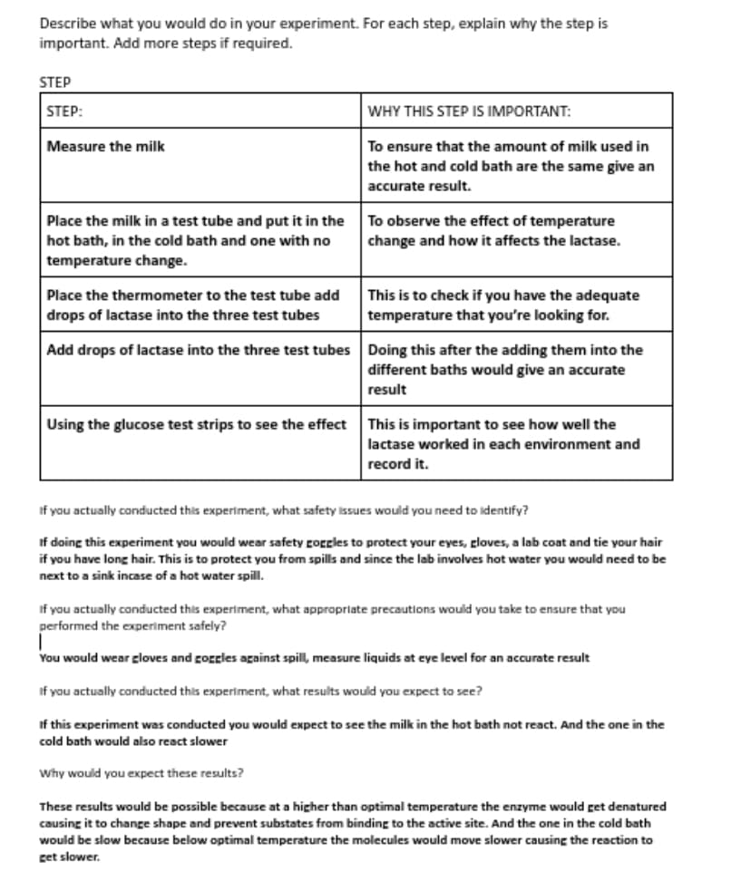 Describe what you would do in your experiment. For each step, explain why the step is
important. Add more steps if required.
STEP
STEP:
WHY THIS STEP IS IMPORTANT:
Measure the milk
To ensure that the amount of milk used in
the hot and cold bath are the same give an
accurate result.
Place the milk in a test tube and put it in the
To observe the effect of temperature
change and how it affects the lactase.
hot bath, in the cold bath and one with no
temperature change.
Place the thermometer to the test tube add
This is to check if you have the adequate
drops of lactase into the three test tubes
temperature that you're looking for.
Add drops of lactase into the three test tubes Doing this after the adding them into the
different baths would give an accurate
result
Using the glucose test strips to see the effect
This is important to see how well the
lactase worked in each environment and
record it.
If you actually conducted this experiment, what safety issues would you need to identify?
If doing this experiment you would wear safety goggles to protect your eyes, gloves, a lab coat and tie your hair
if you have long hair. This is to protect you from spills and since the lab involves hot water you would need to be
next to a sink incase of a hot water spill.
If you actually conducted this experiment, what appropriate precautions would you take to ensure that you
performed the experiment safely?
You would wear gloves and goggles against spill, measure liquids at eye level for an accurate result
If you actually conducted this experiment, what results would you expect to see?
If this experiment was conducted you would expect to see the milk in the hot bath not react. And the one in the
cold bath would also react slower
Why would you expect these results?
These results would be possible because at a higher than optimal temperature the enzyme would get denatured
causing it to change shape and prevent substates from binding to the active site. And the one in the cold bath
would be slow because below optimal temperature the molecules would move slower causing the reaction to
get slower.
