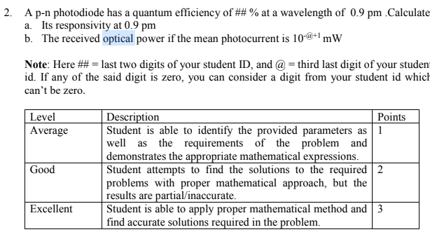2. A p-n photodiode has a quantum efficiency of ## % at a wavelength of 0.9 pm .Calculate
a. Its responsivity at 0.9 pm
b. The received optical power if the mean photocurrent is 10@+1 mW
Note: Here ## = last two digits of your student ID, and @ = third last digit of your studem
id. If any of the said digit is zero, you can consider a digit from your student id which
can't be zero.
| Description
Student is able to identify the provided parameters as 1
well as the requirements of the problem and
demonstrates the appropriate mathematical expressions.
Student attempts to find the solutions to the required 2
problems with proper mathematical approach, but the
results are partial/inaccurate.
Student is able to apply proper mathematical method and 3
find accurate solutions required in the problem.
Level
Average
Points
Good
Excellent

