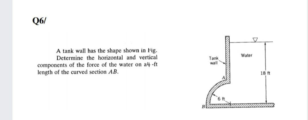 Q6/
A tank wall has the shape shown in Fig.
Determine the horizontal and vertical
Water
Tank
wall
components of the force of the water on a4 -ft
length of the curved section AB.
18 ft
6 ft
