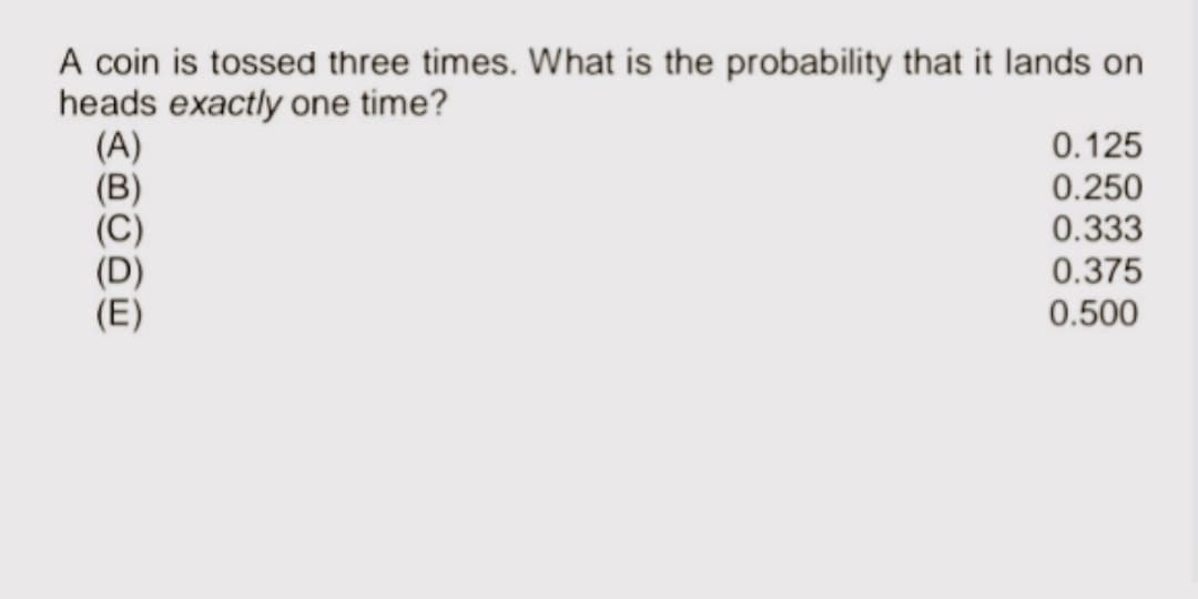 A coin is tossed three times. What is the probability that it lands on
heads exactly one time?
(A)
(B)
(E)
0.125
0.250
0.333
0.375
0.500