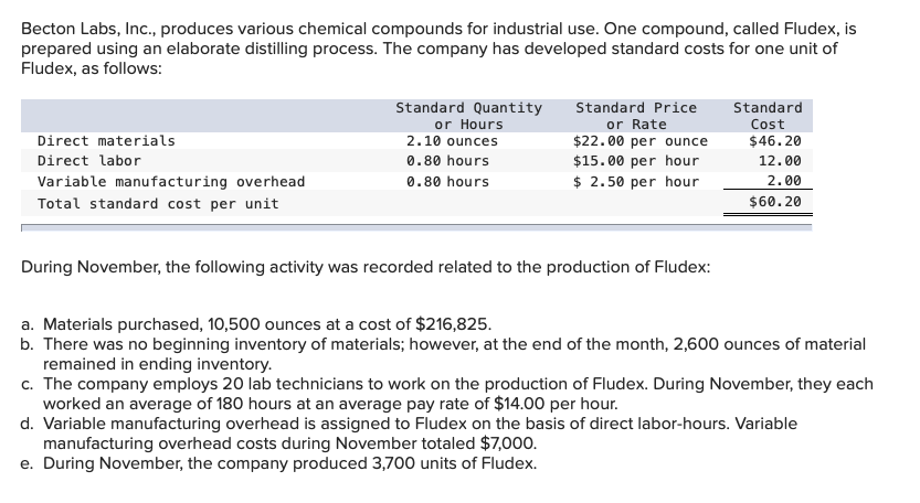 Becton Labs, Inc., produces various chemical compounds for industrial use. One compound, called Fludex, is
prepared using an elaborate distilling process. The company has developed standard costs for one unit of
Fludex, as follows:
Standard Quantity
or Hours
2.10 ounces
Standard Price
or Rate
$22.00 per ounce
$15.00 per hour
$ 2.50 per hour
Standard
Cost
Direct materials
$46.20
Direct labor
0.80 hours
12.00
Variable manufacturing overhead
0.80 hours
2.00
Total standard cost per unit
$60.20
During November, the following activity was recorded related to the production of Fludex:
a. Materials purchased, 10,500 ounces at a cost of $216,825.
b. There was no beginning inventory of materials; however, at the end of the month, 2,600 ounces of material
remained in ending inventory.
c. The company employs 20 lab technicians to work on the production of Fludex. During November, they each
worked an average of 180 hours at an average pay rate of $14.00 per hour.
d. Variable manufacturing overhead is assigned to Fludex on the basis of direct labor-hours. Variable
manufacturing overhead costs during November totaled $7,000.
e. During November, the company produced 3,700 units of Fludex.
