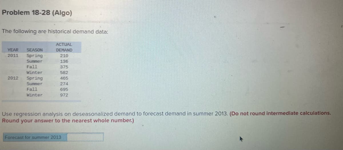 Problem 18-28 (Algo)
The following are historical demand data:
YEAR SEASON
2011 Spring
Summer
Fall
2012
Winter
Spring
Summer
Fall
Winter
ACTUAL
DEMAND
210
136
375
582
465
274
695
972
Use regression analysis on deseasonalized demand to forecast demand in summer 2013. (Do not round intermediate calculations.
Round your answer to the nearest whole number.)
Forecast for summer 2013