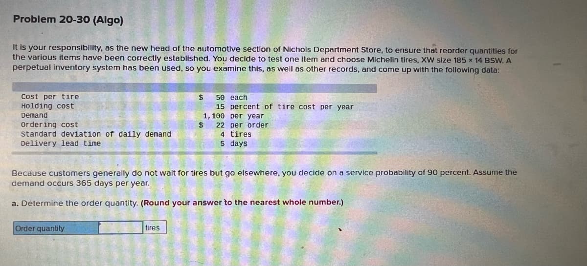 Problem 20-30 (Algo)
It is your responsibility, as the new head of the automotive section of Nichols Department Store, to ensure that reorder quantities for
the various items have been correctly established. You decide to test one Item and choose Michelin tires, XW size 185 x 14 BSW. A
perpetual inventory system has been used, so you examine this, as well as other records, and come up with the following data:
Cost per tire
Holding cost
Demand
Ordering cost
Standard deviation of daily demand
Delivery lead time
Order quantity
$
tires
50 each
percent of tire cost per year
Because customers generally do not wait for tires but go elsewhere, you decide on a service probability of 90 percent. Assume the
demand occurs 365 days per year.
a. Determine the order quantity. (Round your answer to the nearest whole number.)
15
1,100
per year
$ 22 per order
4 tires
5 days