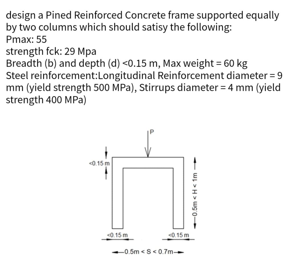 design a Pined Reinforced Concrete frame supported equally
by two columns which should satisy the following:
Pmax: 55
strength fck: 29 Mpa
Breadth (b) and depth (d) <0.15 m, Max weight = 60 kg
Steel reinforcement:Longitudinal Reinforcement diameter = 9
mm (yield strength 500 MPa), Stirrups diameter = 4 mm (yield
strength 400 MPa)
<0.15 m
<0.15 m
<0.15 m
0.5m <S<0.7m-
0.5m <H<1m