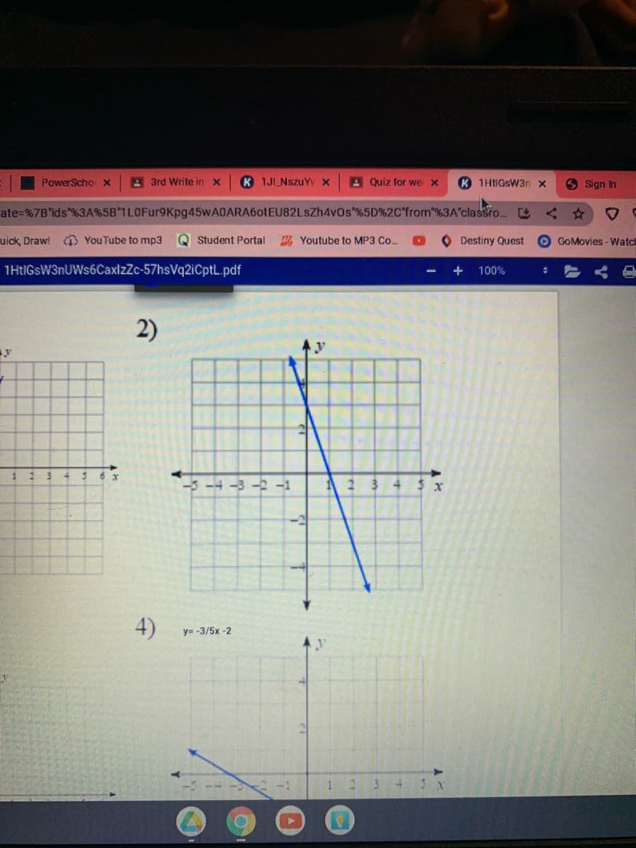 A3rd Write in x
K 1JI NszuY x
A Quiz for we x
K 1HTIGSW3 x
O Sign In
PowerScho x
ate=%7B"ids"%3A%5B"1LOFur9Kpg45wA0ARA6otEU82LsZh4v0s"%5D%2C"from"%3A"classro..
uick, Drawl YouTube to mp3
Q Student Portal
7 Youtube to MP3 Co..
O Destiny Quest
O GOMovies - Watch
1HtIGsW3nUWs6CaxlzZc-57hsVq2iCptL.pdf
100%
2)
y
4.
6 x
-5-4 -3 -2-1
4.
$ x
4)
y= -3/5x -2
23 +
