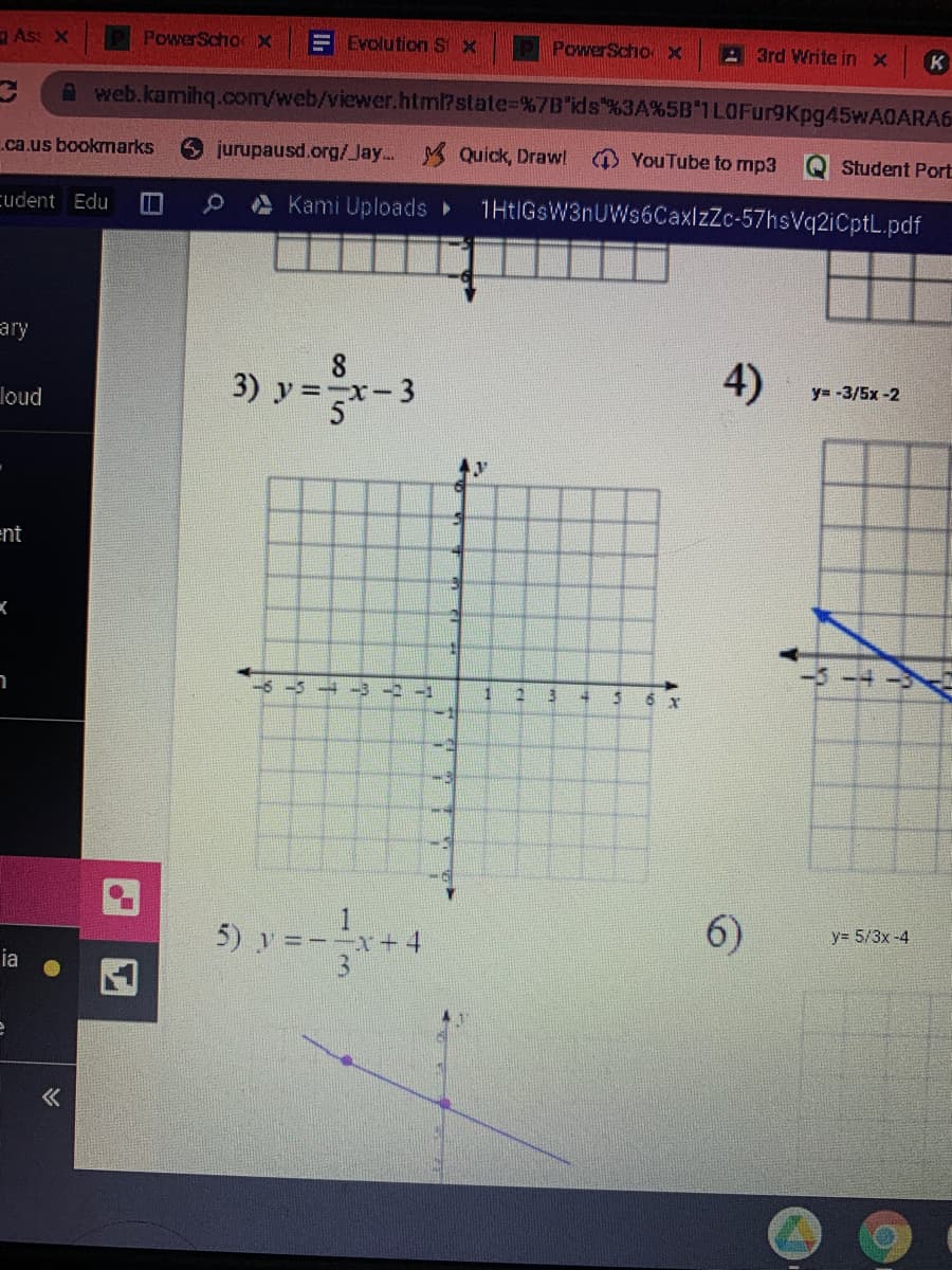 As: X
PowerSchoX
E Evolution Sx
PowerScho X
2 3rd Write in x
K
A web.kamihq.com/web/viewer.html?state%-D%7B"ids"%3A%5B"1 LOFur9Kpg45wA0ARA6
.ca.us bookmarks
jurupausd.org/Jay.. Quick, Drawl
O YouTube to mp3
Q Student Port
cudent Edu
A Kami Uploads
1HtIGsW3nUWs6CaxlzZc-57hsVq2iCptL.pdf
ary
3) y =-x-3
4)
loud
y= -3/5x -2
ent
-6-5
-3 -2 -1
1
6 x
5)
6)
x+4
y= 5/3x-4
ia
1.
牛
