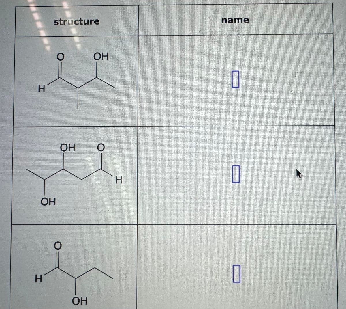 structure
H
name
O
OH
☐
OH
OH
H
O
H
☐
OH
☐