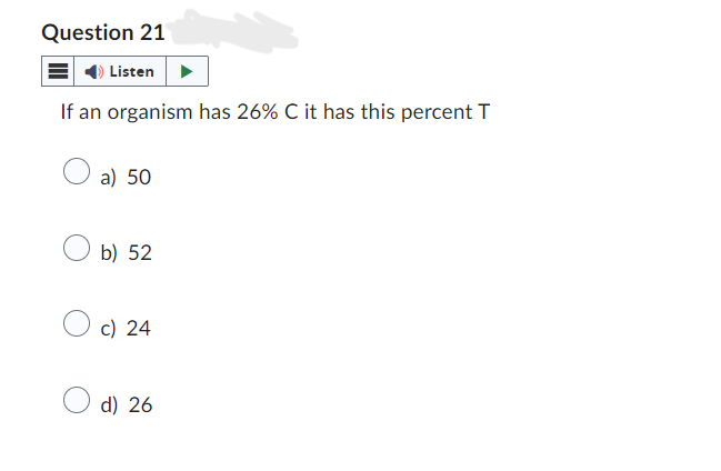 Question 21
Listen
If an organism has 26% C it has this percent T
a) 50
○ b) 52
c) 24
d) 26