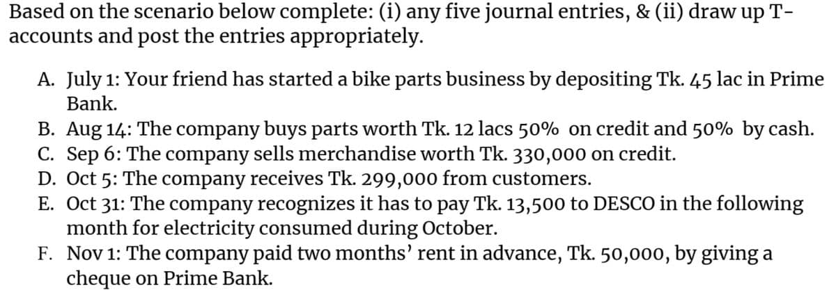 Based on the scenario below complete: (i) any five journal entries, & (ii) draw up T-
accounts and post the entries appropriately.
A. July 1: Your friend has started a bike parts business by depositing Tk. 45 lac in Prime
Bank.
B. Aug 14: The company buys parts worth Tk. 12 lacs 50% on credit and 50% by cash.
C. Sep 6: The company sells merchandise worth Tk. 330,000 on credit.
D. Oct 5: The company receives Tk. 299,000 from customers.
E. Oct 31: The company recognizes it has to pay Tk. 13,500 to DESCO in the following
month for electricity consumed during October.
F. Nov 1: The company paid two months' rent in advance, Tk. 50,000, by giving a
cheque on Prime Bank.