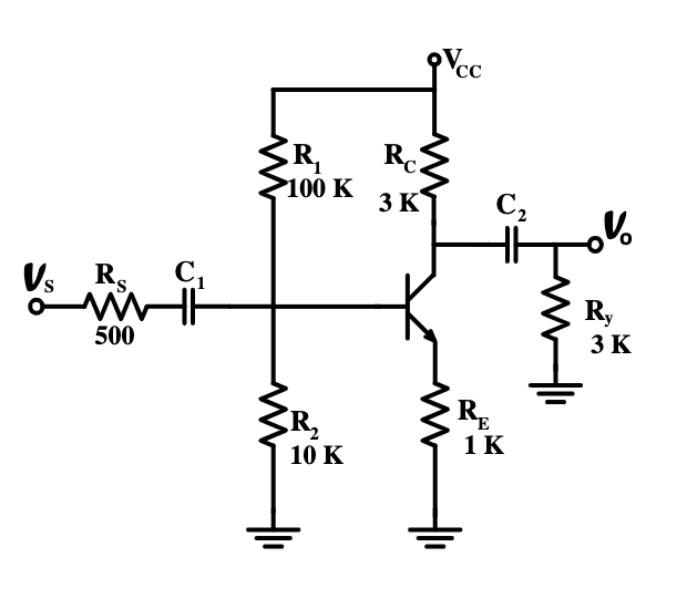 Vs
R C₁
ww
500
SR₁
100 K
R₂
10 K
Rc
3 K
¡Vcc
R₁
C₂
E
1 K
Ry
3 K