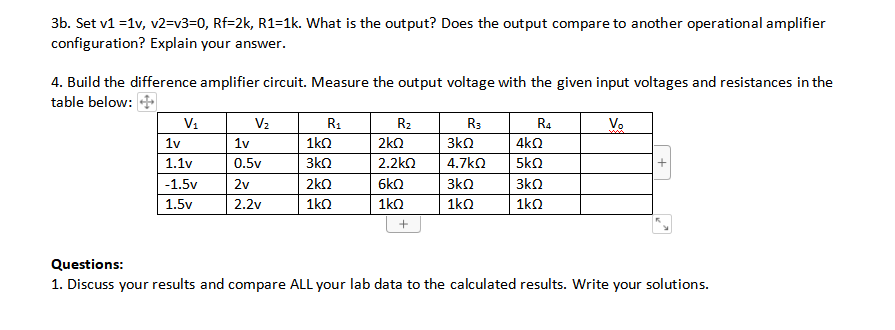 3b. Set v1 =1v, v2=v3=0, Rf=2k, R1=1k. What is the output? Does the output compare to another operational amplifier
configuration? Explain your answer.
4. Build the difference amplifier circuit. Measure the output voltage with the given input voltages and resistances in the
table below: +
V1
V2
R1
R2
R3
R4
Vo
1v
1v
1ko
2ka
3kn
4kQ
1.1v
0.5v
3k2
2.2ko
4.7ka
5kQ
-1.5v
2v
2kQ
6kQ
3k0
3kQ
1.5v
2.2v
1ko
1ko
1ko
1ko
Questions:
1. Discuss your results and compare ALL your lab data to the calculated results. Write your solutions.
