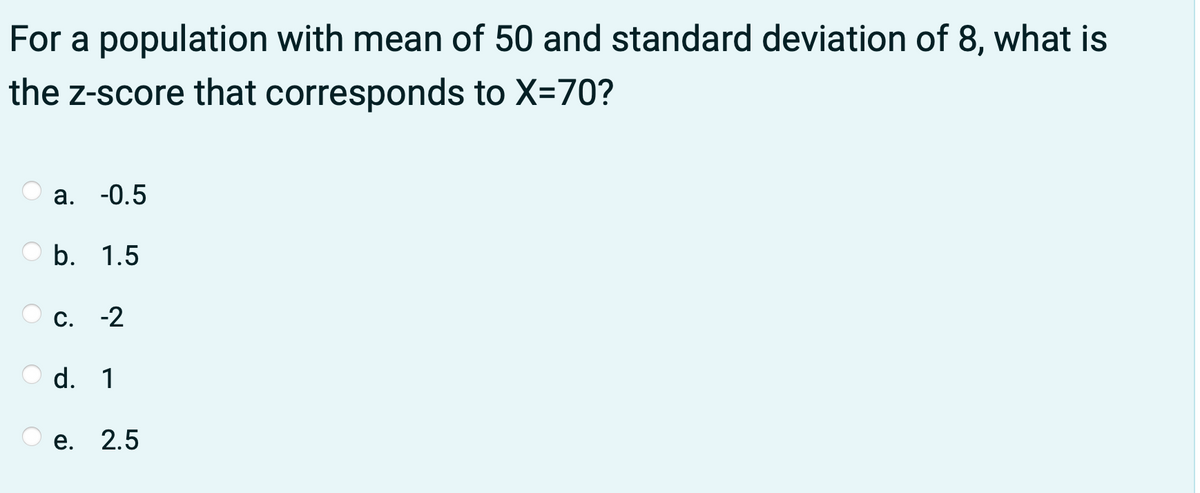 For a population with mean of 50 and standard deviation of 8, what is
the z-score that corresponds to X=70?
a. -0.5
b. 1.5
С. -2
d. 1
е.
2.5
