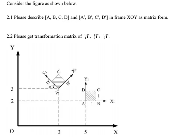Consider the figure as shown below.
2.1 Please describe [A, B, C, D] and [A', B', C', D'] in frame XOY as matrix form.
2.2 Please get transformation matrix of T, T, T.
Y
3
2
O
3
B'
Y₁
D
5
1 B
X₁
X