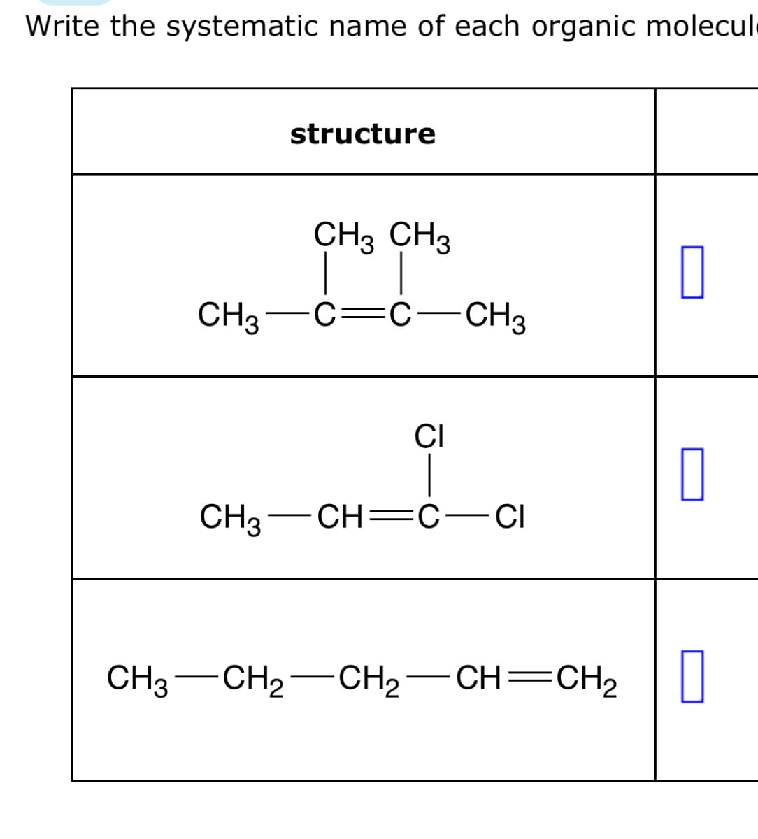 Write the systematic name of each organic molecul
structure
CH 3 CH 3
C=C-CH3
CH3-C=C
CI
CH3 CH=C CI
CH3-CH2-CH2-CH=CH2 ☐