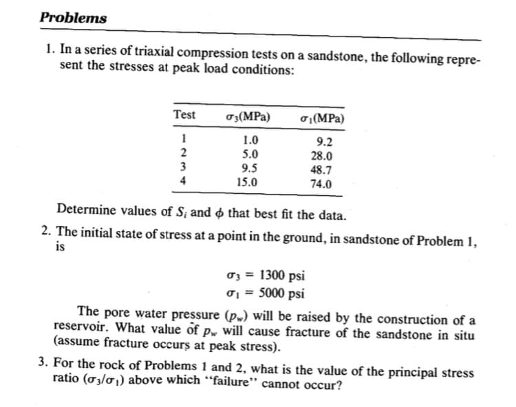 Problems
1. In a series of triaxial compression tests on a sandstone, the following repre-
sent the stresses at peak load conditions:
Test
1
2
3
4
σ3 (MPa)
1.0
5.0
9.5
15.0
σ₁ (MPa)
9.2
28.0
48.7
74.0
Determine values of S; and that best fit the data.
2. The initial state of stress at a point in the ground, in sandstone of Problem 1,
is
σ3 = 1300 psi
σ₁ = 5000 psi
The pore water pressure (p.) will be raised by the construction of a
reservoir. What value of p will cause fracture of the sandstone in situ
(assume fracture occurs at peak stress).
3. For the rock of Problems 1 and 2, what is the value of the principal stress
ratio (03/0₁) above which "failure" cannot occur?