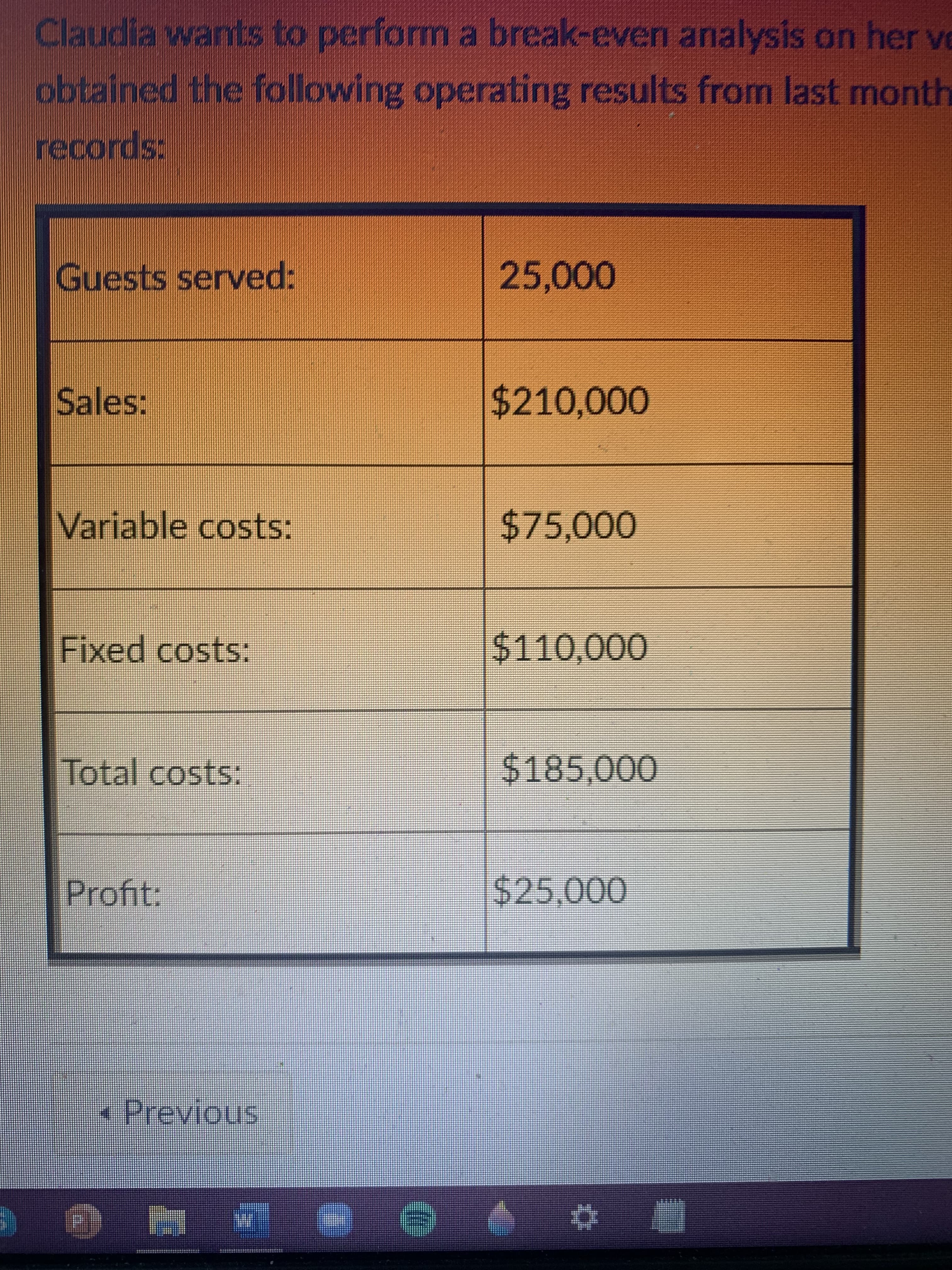 Claudia wants to perform a break-even analysis on her ve
obtained the following operating results from last month
records:
Guests served:
25.
Sales:
$210,000
Variable costs:
Fixed costs:
$110,000
Total costs:
Profit:
-Previous
