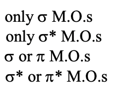 only o M.O.S
only o* M.O.s
σ or л M.O.S
o* or π* M.O.S