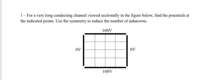 1 - For a very long conducting channel viewed sectionally in the figure below, find the potentials at
the indicated points. Use the symmetry to reduce the number of unknowns.
100V
OV
100V
OV