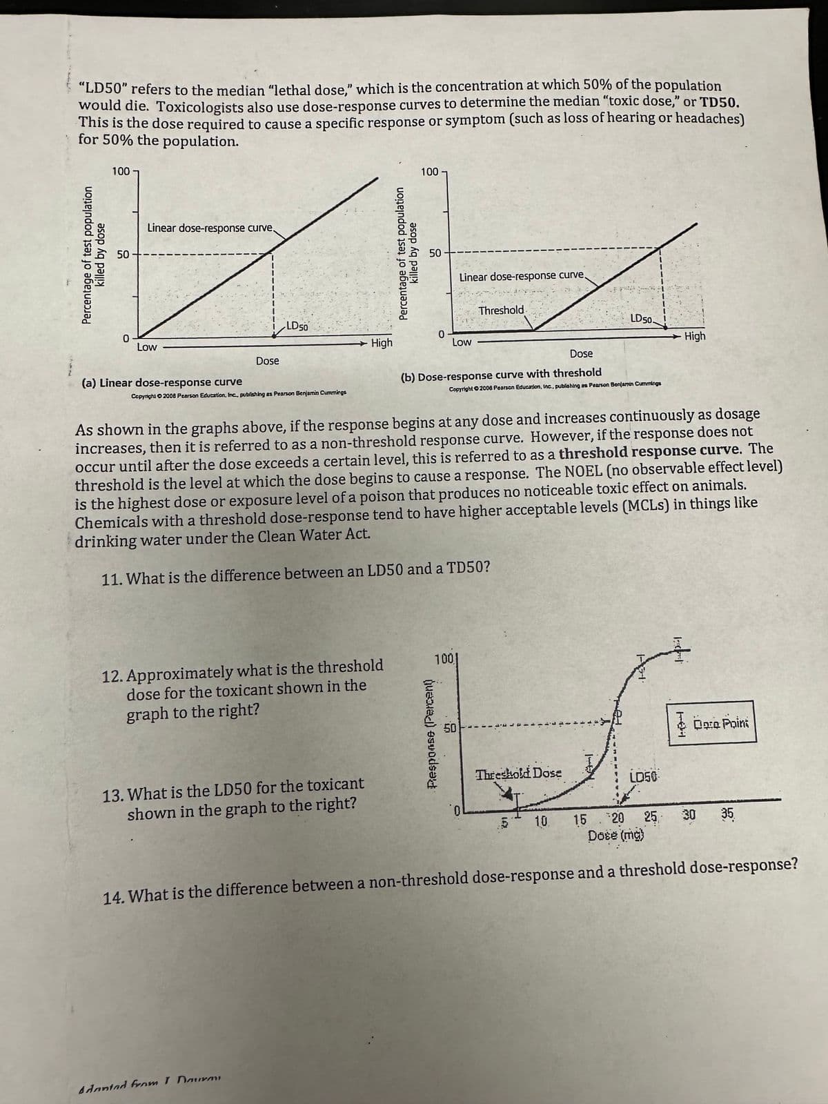 "LD50" refers to the median "lethal dose," which is the concentration at which 50% of the population
would die. Toxicologists also use dose-response curves to determine the median "toxic dose," or TD50.
This is the dose required to cause a specific response or symptom (such as loss of hearing or headaches)
for 50% the population.
100-
50
0
Linear dose-response curve.
Low
(a) Linear dose-response curve
Dose
LD 50
Copyright 2008 Pearson Education, Inc., publishing as Pearson Benjamin Cummings
→ High
12. Approximately what is the threshold
dose for the toxicant shown in the
graph to the right?
Adanted from 1 Nauran
13. What is the LD50 for the toxicant
shown in the graph to the right?
100-
50-
0
Low
(weaver) asoodsad
Linear dose-response curve.
Dose
(b) Dose-response curve with threshold
As shown in the graphs above, if the response begins at any dose and increases continuously as dosage
increases, then it is referred to as a non-threshold response curve. However, if the response does not
occur until after the dose exceeds a certain level, this is referred to as a threshold response curve. The
threshold is the level at which the dose begins to cause a response. The NOEL (no observable effect level)
is the highest dose or exposure level of a poison that produces no noticeable toxic effect on animals.
Chemicals with a threshold dose-response tend to have higher acceptable levels (MCLs) in things like
drinking water under the Clean Water Act.
11. What is the difference between an LD50 and a TD50?
1001
Threshold
Copyright © 2008 Pearson Education, Inc., publishing as Pearson Benjamin Cummings
50
Threshold Dose
LD 50
OL
0
5- 10
KH
High
LD50-
4
Dee Paint
30
25
15. 20
Dose (mg)
14. What is the difference between a non-threshold dose-response and a threshold dose-response?
35