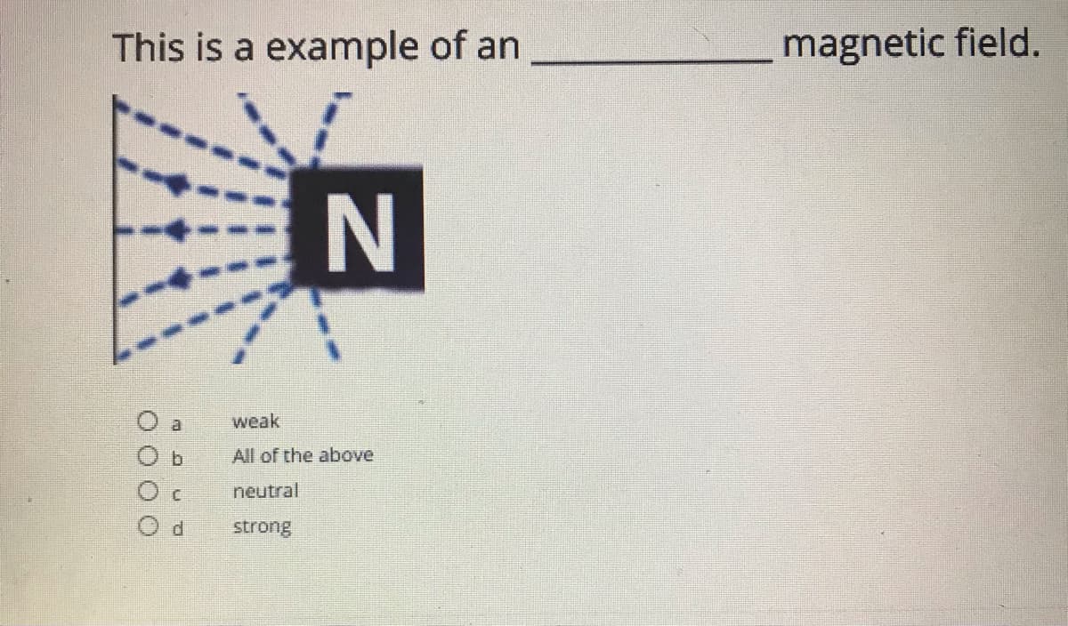 This is a example of an
magnetic field.
N
weak
All of the above
neutral
strong
