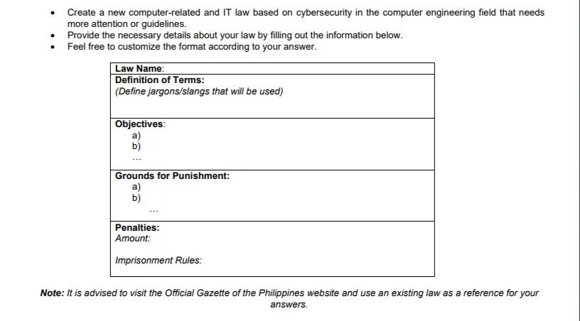 .
●
Create a new computer-related and IT law based on cybersecurity in the computer engineering field that needs
more attention or guidelines.
Provide the necessary details about your law by filling out the information below.
Feel free to customize the format according to your answer.
Law Name:
Definition of Terms:
(Define jargons/slangs that will be used)
Objectives:
a)
b)
Grounds for Punishment:
a)
b)
Penalties:
Amount:
Imprisonment Rules:
Note: It is advised to visit the Official Gazette of the Philippines website and use an existing law as a reference for your
answers.