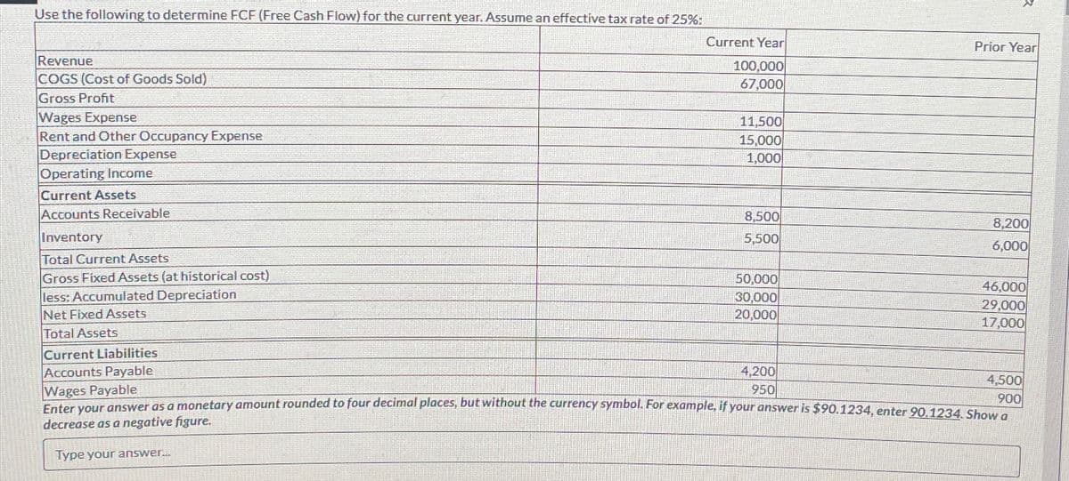 Use the following to determine FCF (Free Cash Flow) for the current year. Assume an effective tax rate of 25%:
Revenue
COGS (Cost of Goods Sold)
Gross Profit
Wages Expense
Rent and Other Occupancy Expense
Depreciation Expense
Operating Income
Current Assets
Accounts Receivable
Inventory
Total Current Assets
Gross Fixed Assets (at historical cost)
less: Accumulated Depreciation
Net Fixed Assets
Total Assets
Current Year
100,000
67,000
11,500
15,000
1,000
8,500
5,500
50,000
30,000
20,000
Prior Year
4,200
950
8,200
6,000
46,000
29,000
17,000
Current Liabilities
Accounts Payable
Wages Payable
Enter your answer as a monetary amount rounded to four decimal places, but without the currency symbol. For example, if your answer is $90.1234, enter 90.1234. Show a
decrease as a negative figure.
Type your answer...
4,500
900