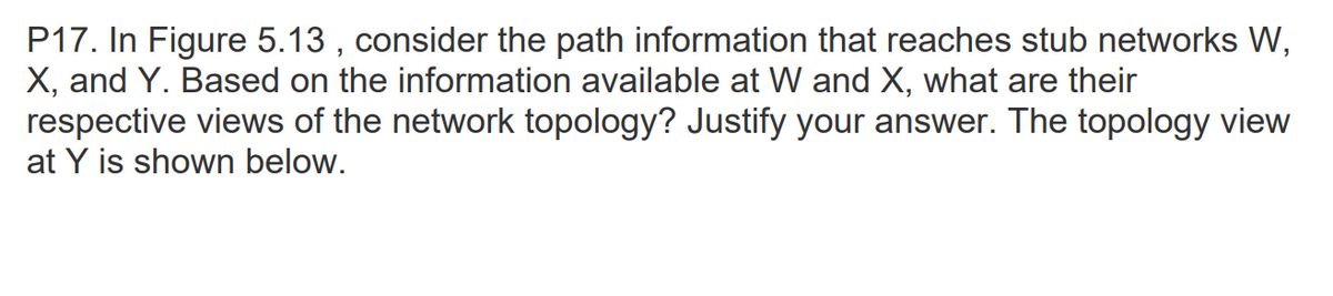 P17. In Figure 5.13 , consider the path information that reaches stub networks W,
X, and Y. Based on the information available at W and X, what are their
respective views of the network topology? Justify your answer. The topology view
at Y is shown below.
