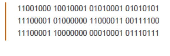 11001000 10010001 01010001 01010101
11100001 01000000 11000011 00111100
11100001 10000000 00010001 01110111
