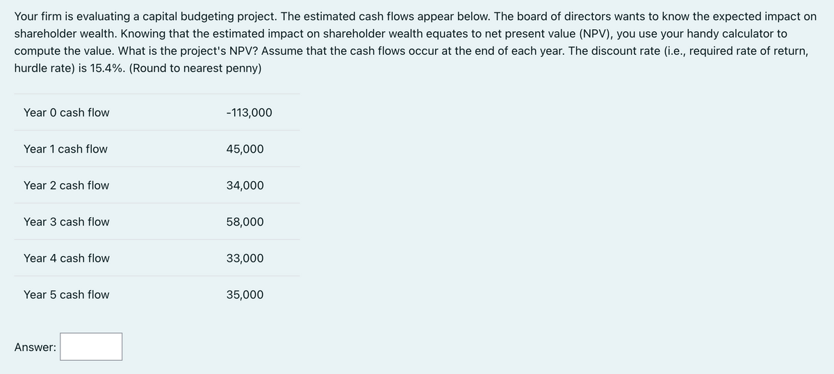 Your firm is evaluating a capital budgeting project. The estimated cash flows appear below. The board of directors wants to know the expected impact on
shareholder wealth. Knowing that the estimated impact on shareholder wealth equates to net present value (NPV), you use your handy calculator to
compute the value. What is the project's NPV? Assume that the cash flows occur at the end of each year. The discount rate (i.e., required rate of return,
hurdle rate) is 15.4%. (Round to nearest penny)
Year O cash flow
Year 1 cash flow
Year 2 cash flow
Year 3 cash flow
Year 4 cash flow
Year 5 cash flow
Answer:
-113,000
45,000
34,000
58,000
33,000
35,000