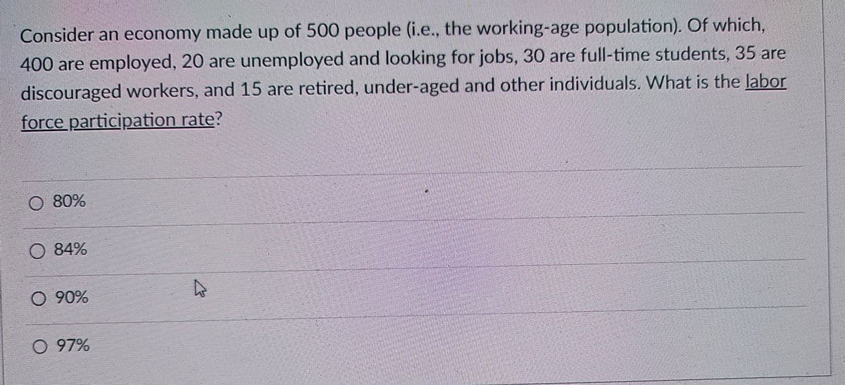 Consider an economy made up of 500 people (i.e., the working-age population). Of which,
400 are employed, 20 are unemployed and looking for jobs, 30 are full-time students, 35 are
discouraged workers, and 15 are retired, under-aged and other individuals. What is the labor
force participation rate?
80%
O 84%
O 90%
O 97%
A