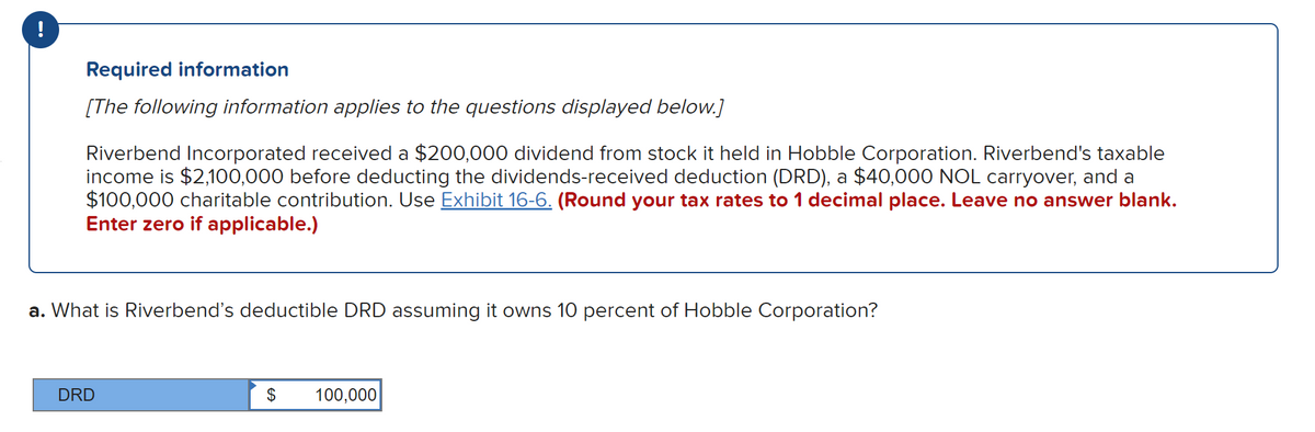 !
Required information
[The following information applies to the questions displayed below.]
Riverbend Incorporated received a $200,000 dividend from stock it held in Hobble Corporation. Riverbend's taxable
income is $2,100,000 before deducting the dividends-received deduction (DRD), a $40,000 NOL carryover, and
$100,000 charitable contribution. Use Exhibit 16-6. (Round your tax rates to 1 decimal place. Leave no answer blank.
Enter zero if applicable.)
a. What is Riverbend's deductible DRD assuming it owns 10 percent of Hobble Corporation?
DRD
$ 100,000