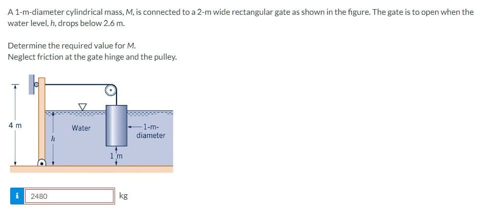 A 1-m-diameter cylindrical mass, M, is connected to a 2-m wide rectangular gate as shown in the figure. The gate is to open when the
water level, h, drops below 2.6 m.
Determine the required value for M.
Neglect friction at the gate hinge and the pulley.
4 m
i 2480
h
Water
1m
kg
-1-m-
diameter